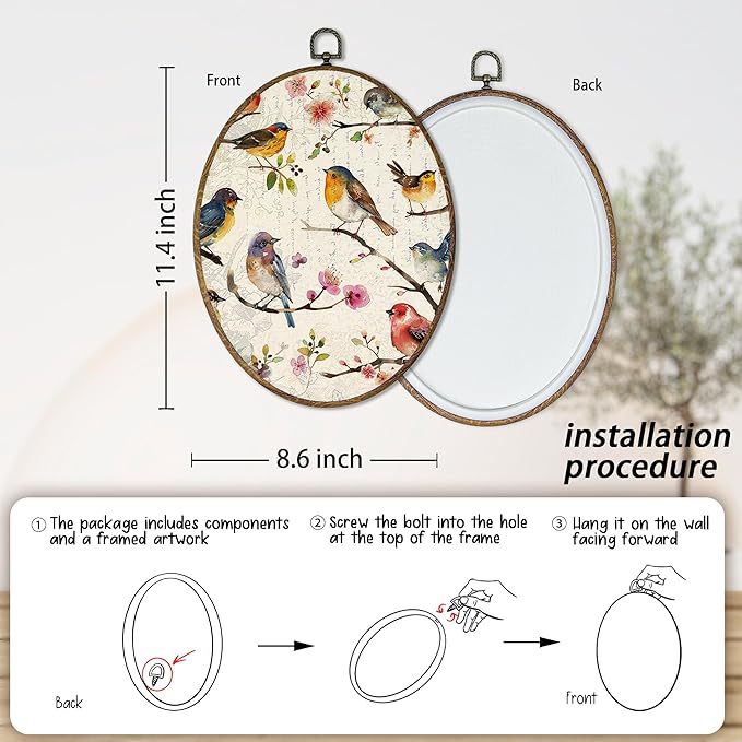AEHIE Vintage Bird Oval Wall Art Decor, Rustic Floral Birds Canvas Artwork Framed, Cottagecore Country Bird Flower Oval Wall Art for Home Bedroom Living Room Decor, 11x8.5 Inches
