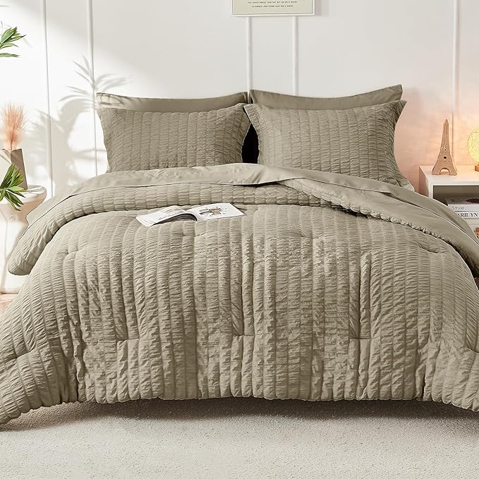 HYMOKEGE Linen Full Size Comforter Sets Seersucker 7 Pieces, All Season Luxury Bed in a Bag for Bedroom, Bedding Set with Comforter, Sheets, Pillowcases & Shams