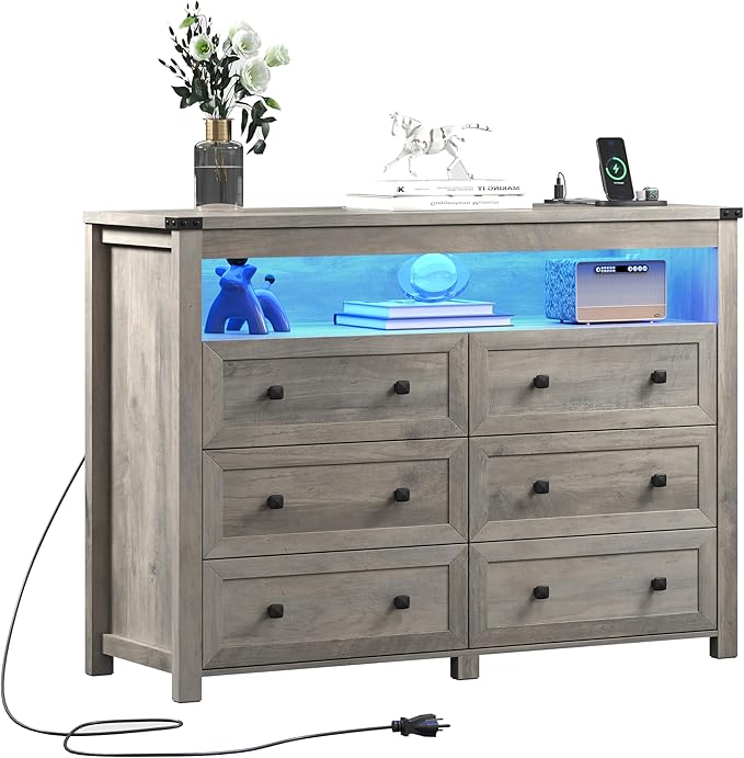 Grey Dresser 6 Drawer Dressers for Bedroom with LED Lights, Charging Station, Wood Chest of Drawers with Metal Handles, Modern TV Stand Storage Cabinet for Living Room, Hallway, Entryway, Gray