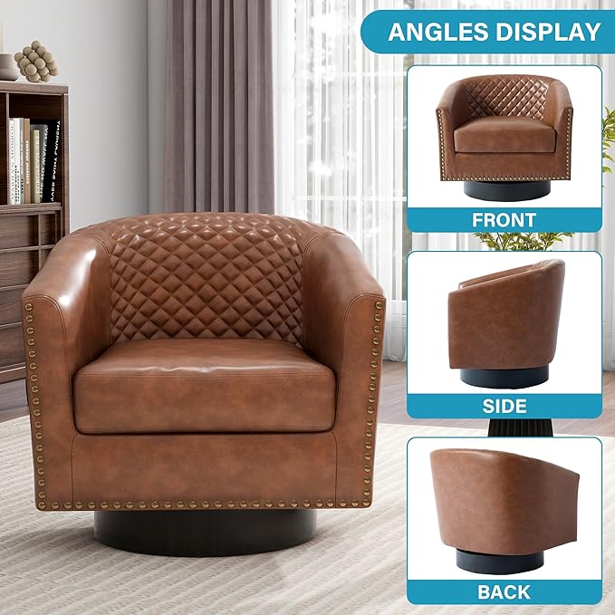 UIXE Swivel Accent Chairs Set of 4, PU Leather Barrel Club Chair for Living Room, Upholstered Round Armchair Comfy Single Sofa Bedroom Reading Seat - Brown