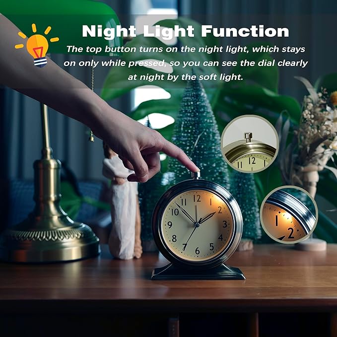 AYRELY® 4-inch Battery Operated Alarm Clock Silent Analog Desk Clocks with Light Vintage Metal Table Clock for Living Room Shelf Bedside Home Decor (Gold)