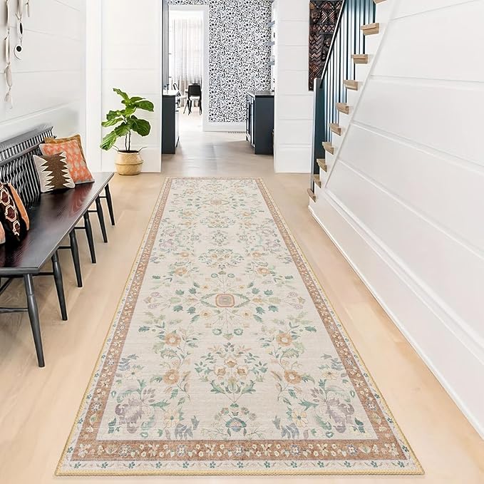 MUJOO Washable Runner Rug for Kitchen Hallways,2x6 Runner Rug Non Slip,Floral Carpet Runner for Bathroom Bedroom Laundry Floor,Long Mat Boho Indoor Vintage Low Pile Beige