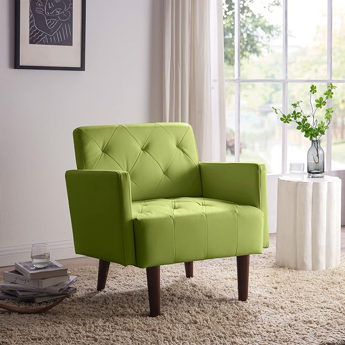 Faux Leather Accent Chair, Modern Retro Arm Chair for Living Room and Bedroom Tufted Upholstered Sofa Club Chair Comfy Armchair for Small Spaces Bedroom Office (Olive)
