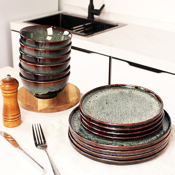 Dinner Set 12 Pieces - Round Reactive Glaze Tableware - Kitchen Dinnerware Porcelain Crockery with Dinner Plate, Bowl and Soup Plate Service for 4, Microwave Dishwasher Safe, Set (No.3)