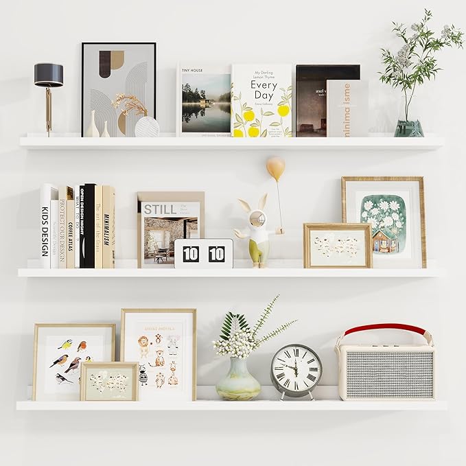 Axeman 40 Inch Floating Shelves | White Picture Ledge Shelf Set of 3 | Rustic Wood Wall Shelves with Lip | 40" White Picture Shelf for Wall with Ledge | Photo Shelves