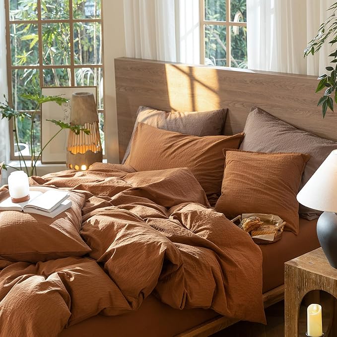 MooMee Wavy Striped Duvet Cover Set 100% Washed Cotton Linen Like Textured Breathable Durable Soft Comfy (Dark Orange, Super Queen 90"x98")