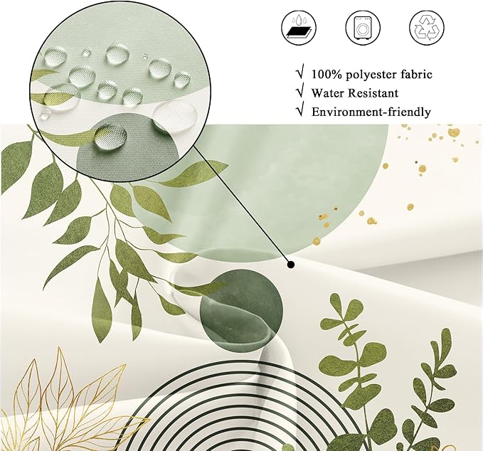 Riyidecor Light Green Mid Century Boho Shower Curtain for Bathroom Decor 72Wx72H Modern Bohemian Eucalyptus Leaves Arch Plants Gold Art Printed Fabric Polyester Waterproof 12 Pack Plastic Hooks