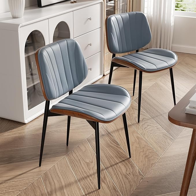 Dining Chairs Set of 8, Mid Century Modern Dining Room Chair, Upholstered Faux Leather Kitchen Chairs with Walnut Bentwood Back and Metal Legs for Kitchen Dining Room Living Room, Blue