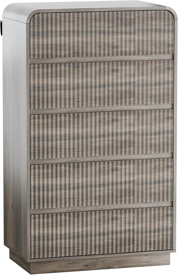 Grey Dresser Fluted Tall 5 Drawer Dresser for Bedroom, Wood Chest of Drawers with Hidden Handles & Rounded Corners, Modern Storage Cabinet and Organizer Drawers for Living Room, Hallway, Gray