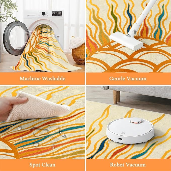 Sunburst Abstract Area Rug 7x9, Yellow Orange Colorful Sun Pattern Rugs, Boho Modern Washable Non-Slip Soft Carpet for Living Room Bedroom Dining Room Home Office Entryway