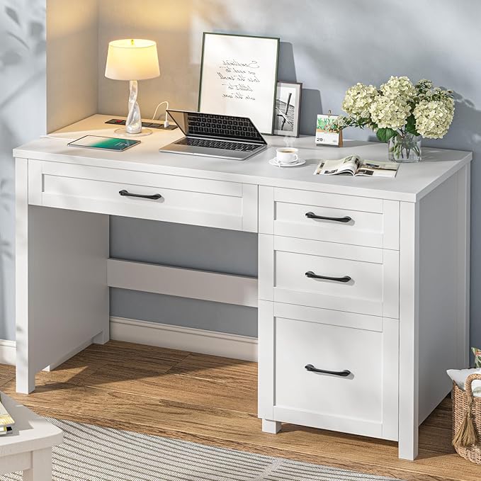 Vabches Farmhouse 47" Executive Desk, Computer Desk with File Drawer and Charging Station, Workstation for Home Office, Study.Cream White