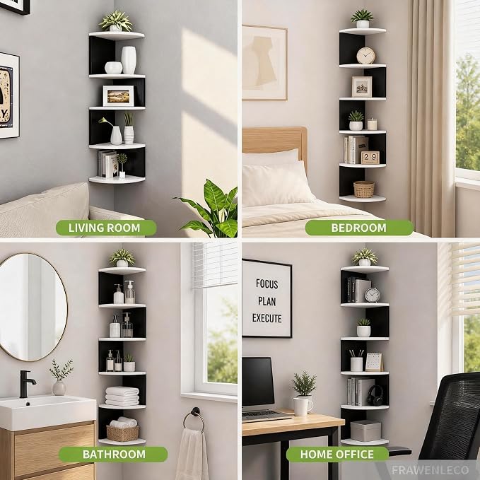 No-Drill Corner Shelf Wall Mount, 7-Tier Floating Corner Bookshelf with Hooks, Space-Saving Zigzag Plant Shelf for Bedroom, Living Room, Bathroom, Home Office(Black & White)