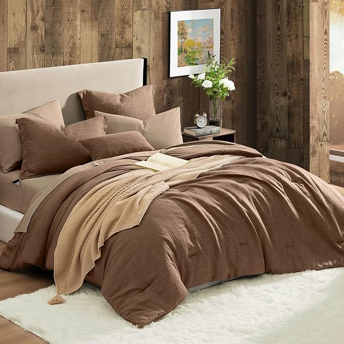 Geniospin Oversized Queen Comforter Sets - 7 Pieces Brown Oversized Queen Bedding Set, Solid Bed Set for All Season, Textured Bed in a Bag with Flat Sheet and Fitted Sheet, Pillowcases and Shams