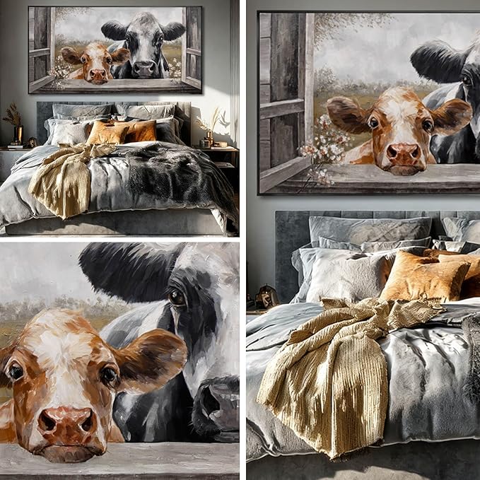 Modern Framed Wall Decor Cow Wall Art Grey and Brown Picture Prints 29"x58" Decorations for Bedroom Posters for Living Room