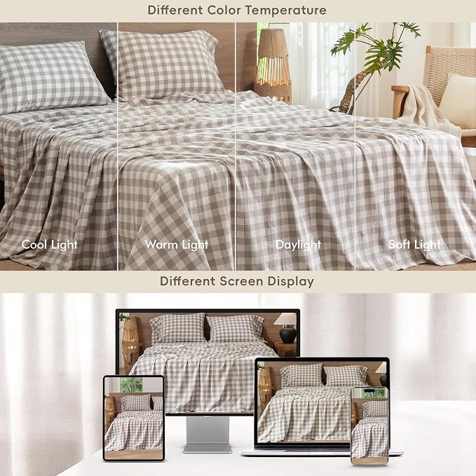 MooMee Gingham Sheet Set 100% Washed Cotton Linen Like Textured Breathable Soft w/Fully Elasticized 16-19" Deep Pocket (Buffalo Plaid Tannish Linen Grey, Queen)
