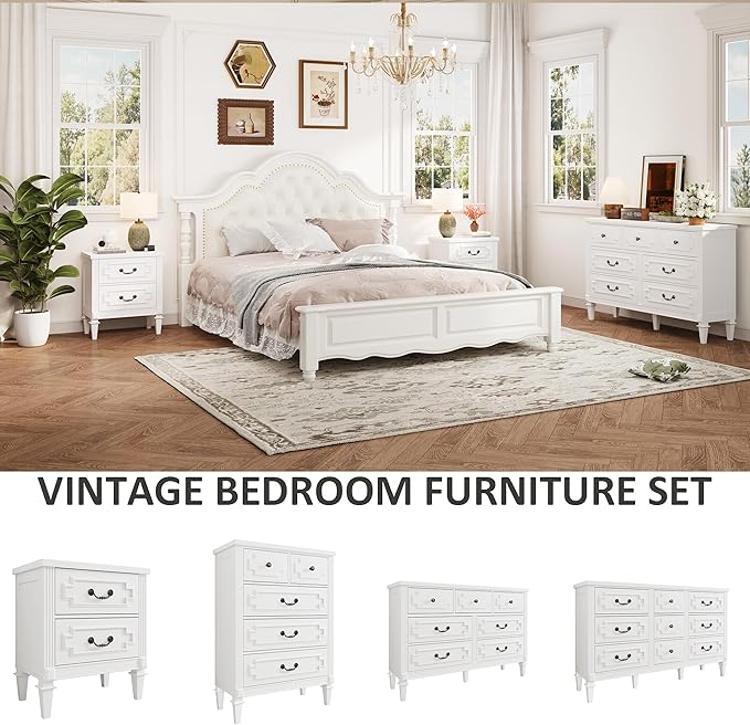 Farmhouse Nightstand wtih Vintage Surface, 30" End Table, Side Table with 2 Drawers Storage Cabinet for Bedroom, Living Room, White