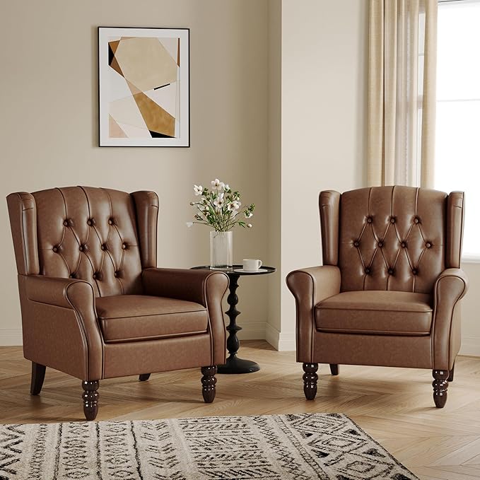 Lumibee High Back Accent Chairs Set of 2,Upholstered Faux Leather Wingback Armchairs with Solid Wood Legs for Small Spaces,Comfy Single Sofa Chairs for Living Room,Bedroom,Office-Brown