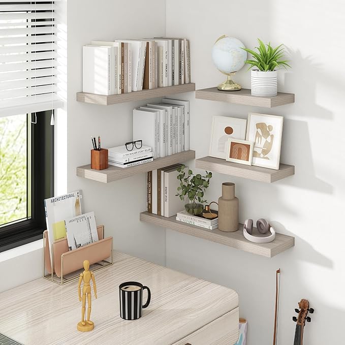 36 Inch Floating Shelves, 8 Inch Deep Floating Shelves for Wall, Hanging Shelf with Invisible Brackets, Deep Shelves for Bathroom, Bedroom, Living Room, Grey, Set of 2