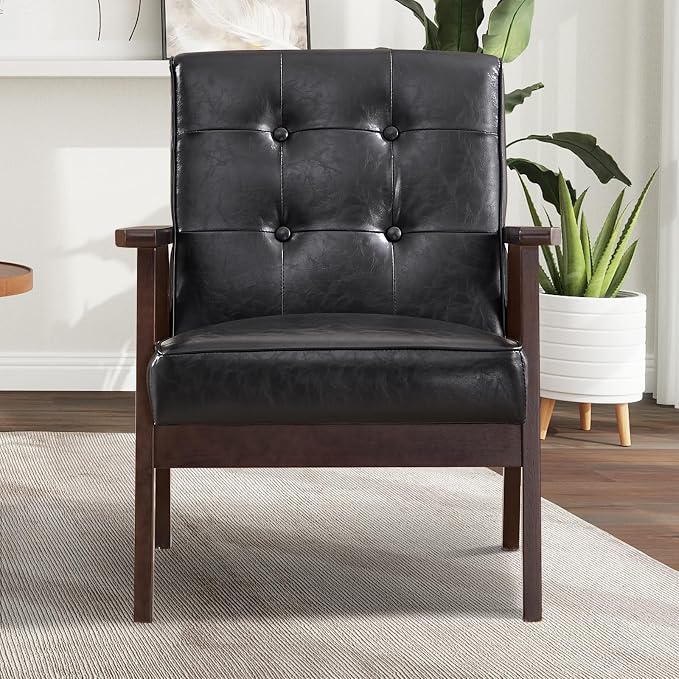 IOMOR Accent Chair Mid Century Modern Chair for Living Room, Comfy Faux Leather Armchair with Solid Wood Frame Soft Thick Padded, Side Chairs Easy Assembly (Black)