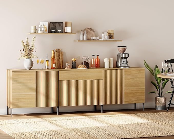 WAMPAT 94.5" Buffet Sideboard Cabinet with 1 Drawer & 6 Doors, 3-in-1 Fluted Storage Cabinet with Adjustable Shelves, Modern Buffet Table Coffee Bar Wine Bar Cabinet for Dining Room, Living Room, Oak