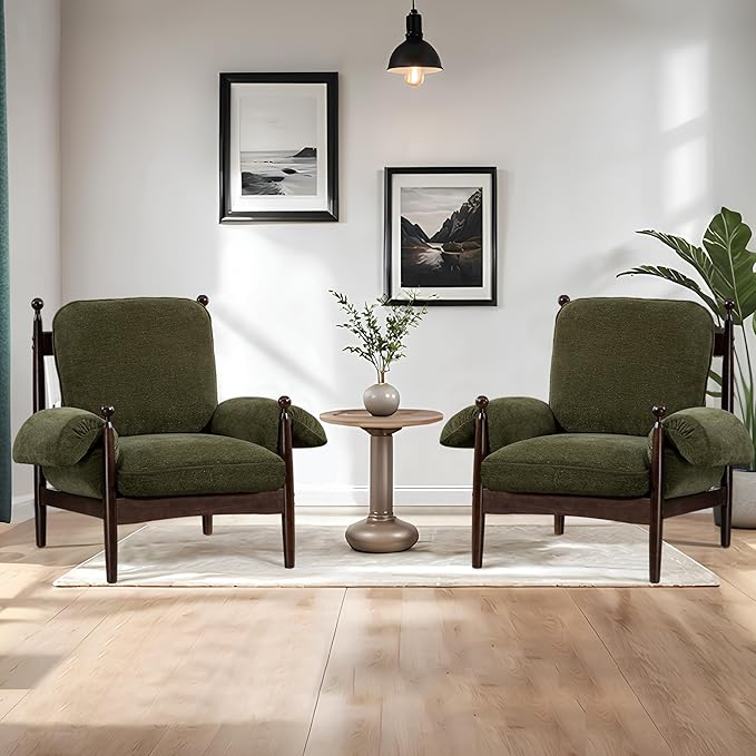 AQO Mid Century Modern Accent Chair and Armchair, Plush Lounge Chair Set of 2 for Living Room, Soft Cushion & Solid Wood Frame, Green