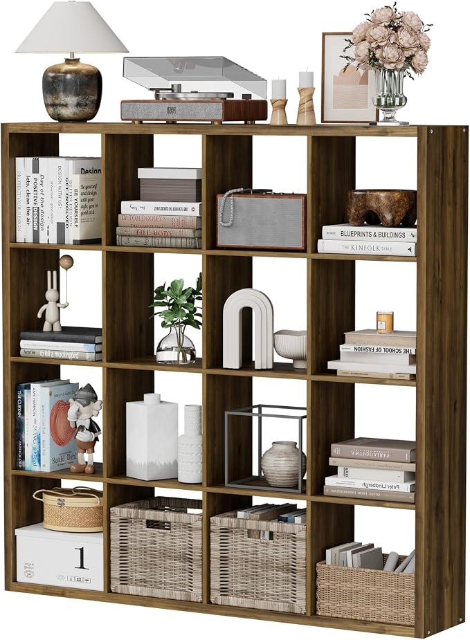 16 Cube Storage Organizer Bookcase, Thick Frame Wood Grain Storage Shelf, Rectangular Cube Open Back Display Unit, 48.8x9.4x48.8 Inches for Living Room, Bedroom, Home Office, Children's Room, Brown