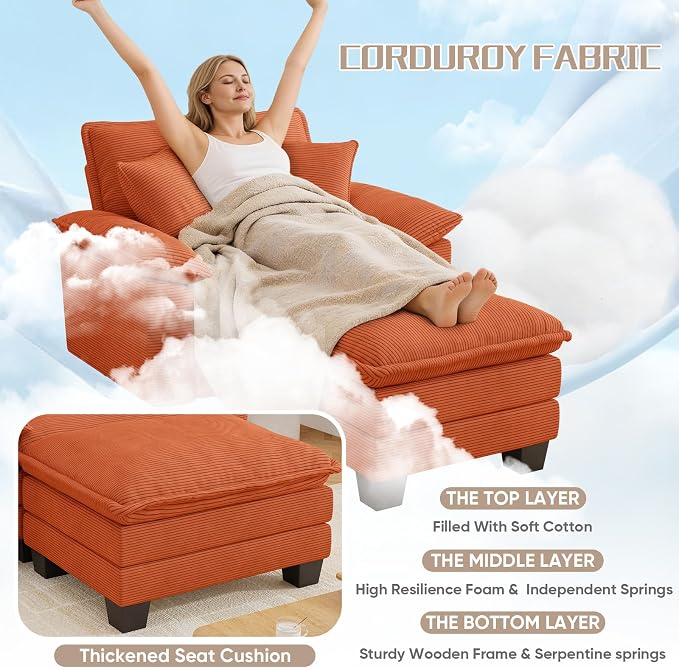 Chaise Lounge Chair Indoor, Oversized Accent Chairs with Ottoman, Luxury Corduroy Upholstered Deep Seat Sleeper Sofa Reading Chairs and A Half with Pillows for Living Room, Bedroom, Apartment, Orange