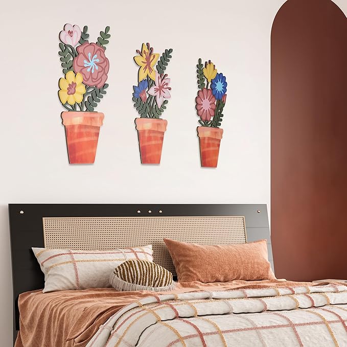 3D Wooden Floral Wall Decor Set of 3, Lightweight Wall Art Decor, Rustic Farmhouse Kitchen Wall Decor, Boho Botanical Wood Wall Art for Living Room, Bedroom, Office, Entryway (Flowers - 11.8 x 5.9 Inch)