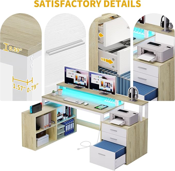 DWVO L Shaped Desk with Drawers, 65" Computer Desk with Power Outlets & LED Lights, Corner Home Office Desk with Storage Shelves & Printer Stand, White & Oak