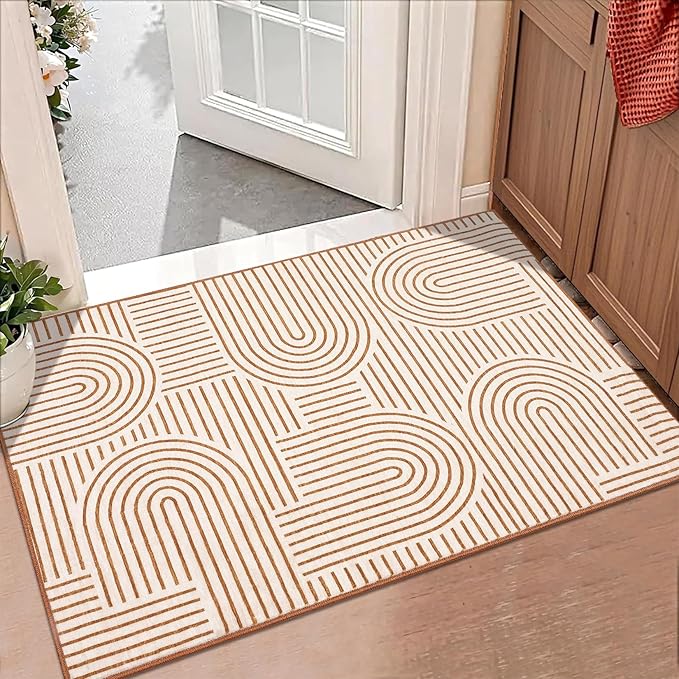 Washable Rug 2x3 Area Rugs for Entryway, Abstract Rug for Bedroom, Soft Rainbow Non Slip Small Area Rug with Rubber Back, Low Pile Stain Resistant Boho Geometric Carpet for Dining Room, Orange