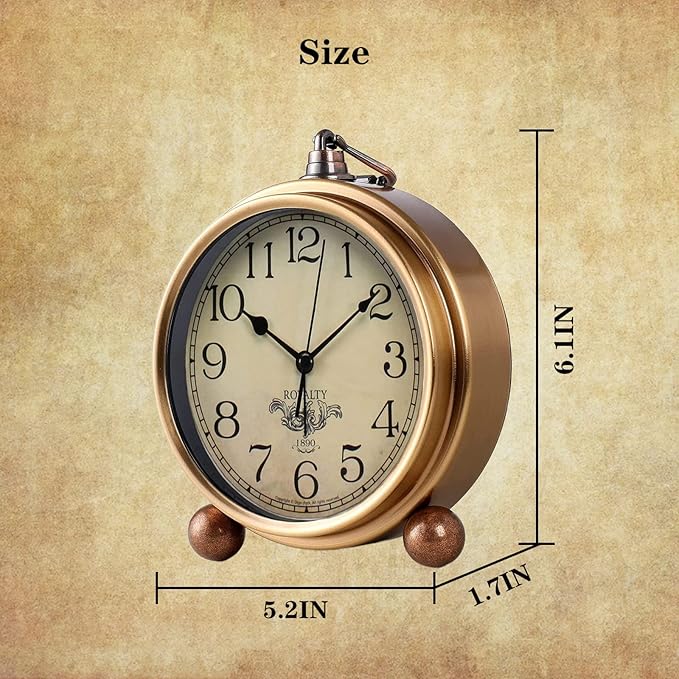 Justup Golden Table Clock, Retro Vintage Non-Ticking Table Desk Alarm Clock Battery Operated Silent Quartz Movement HD Glass for Bedroom Living Room Indoor Decoration (Arabic)