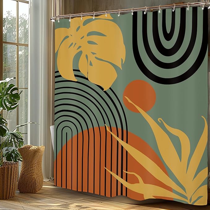 Miyotaa Abstract Mid Century Minimalist Shower Curtain Set 60Wx71H Inches Modern Aesthetic Leaves Contemporary Neutral Plant Orange Sage Green Waterproof Bathroom Curtain with 12 Hooks