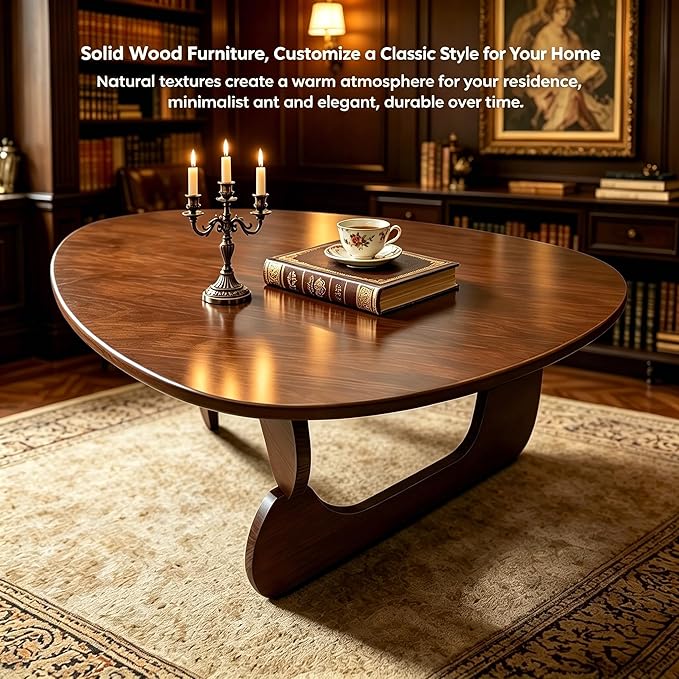 Solid Wood Coffee Table, Mid-Century Modern Triangle Center Table for Living Room, Triangular Wood Tea Table, Fingerprint-Free & Shatterproof, Walnut, 43.3" L x 27.5" W x 16.5" H