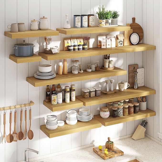 16 Inch Floating Shelves for Wall Set of 2, 12"D Wood Grain Bathroom Shelves with Invisible Brackets, Easy Install Engineered Wood Storage Shelves for Kitchen, Living Room, Bedroom, Oak Finish