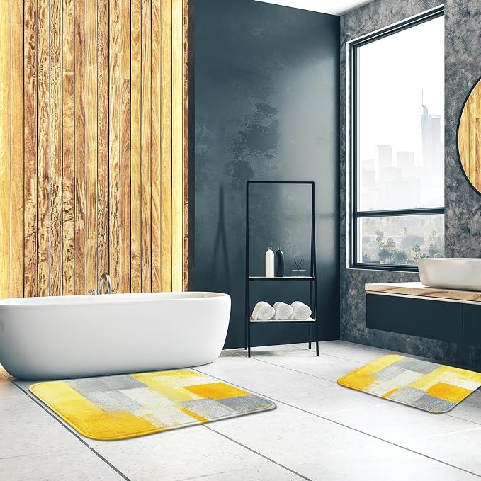 Britimes Bath Mat for Bathroom No Slip Yellow Gray Abstract Graffiti Geometric Floor Rug Carpets Floor Mat Decorations 18x30 inches for Kitchen Bathroom