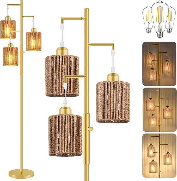 Hotsonic 72" Tall Boho Rattan Style Floor Lamp with Hand-Woven Paper Cord Shade, Dimmable Industrial Tree Standing Lamp for Living Room, Bedroom, Study Room, Office (3 x 800LM Bulbs Included) - Gold