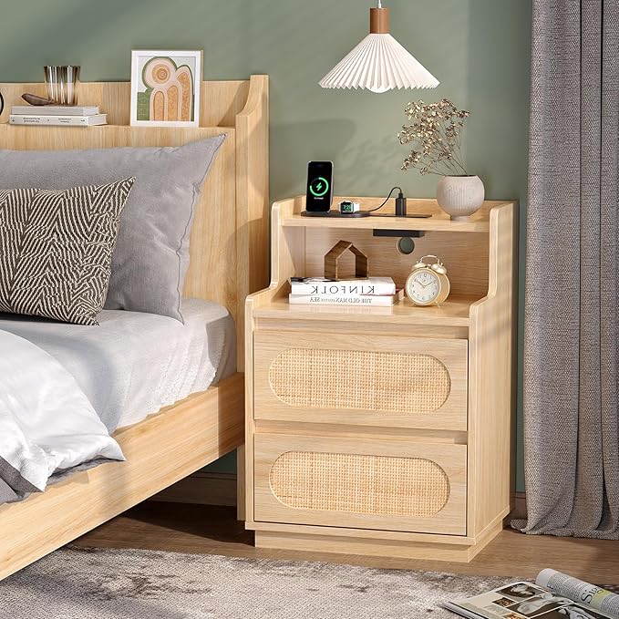 VINGLI Rattan Nightstand with Charging Station, Boho Nightstand with Drawers and Shelves, Wood Night Stand Bedroom, Real Rattan Bed Side Table/End Table,17.72" W*13.86" D*25.6" H
