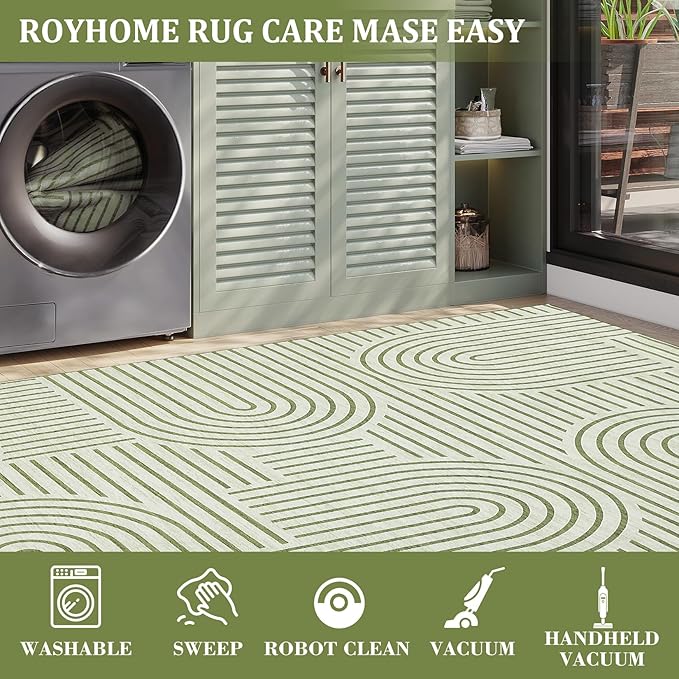 Washable Rug 8x10 Area Rugs for Living Room, Abstract Rug for Bedroom, Soft Rainbow Non Slip Throw Rugs with Rubber Back, Low Pile Stain Resistant Boho Geometric Carpet for Dining Room, Green