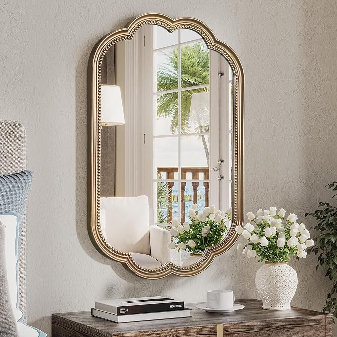 Scalloped Mirror, Gold Bathroom Mirrors for Over Sink, 23" x 35" Vintage Champagne Bronze Vanity Mirrors for Bedroom, Fireplace, Entryway, Hangs Horizontally or Vertically
