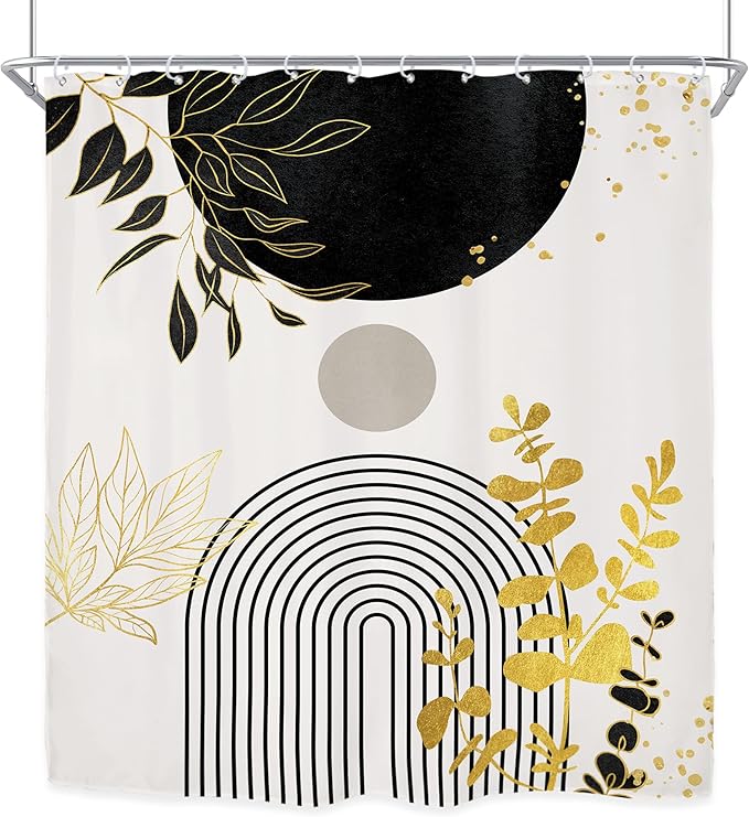 Riyidecor Black Gold Extra Long Shower Curtain for Bathroom Decor 72Wx84H Boho Mid Century Modern Abstract Gold Leaves Minimalist Geometric Art Printed Fabric Polyester Waterproof 12 Pack Plastic Hook