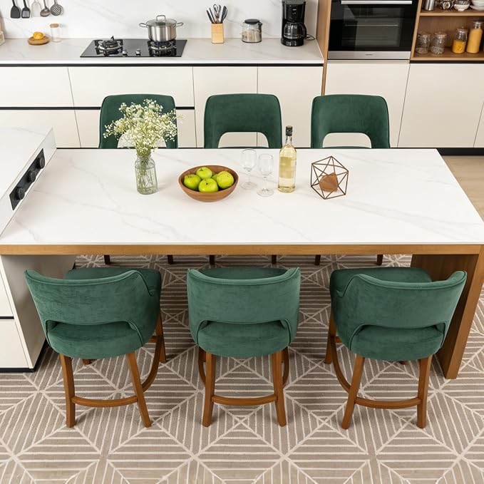 ClinQ Bar Stools Set of 6, 26" H Counter Height Bar Stools with Backs, Modern Upholstered Accent Barstools with Curved Footrest for Kitchen Island, Dining Room and Bar, Green-Walnut Legs