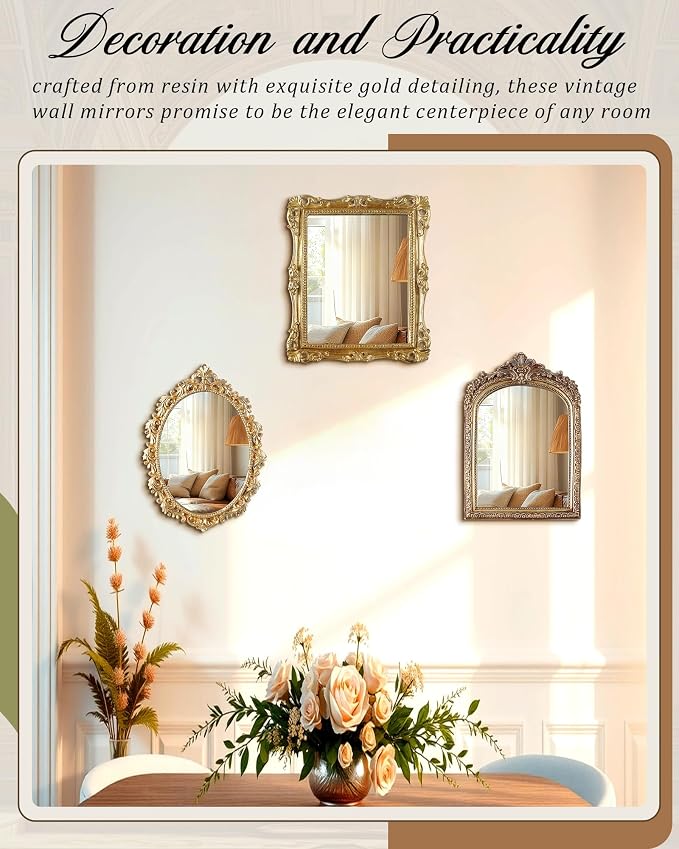 Wonderjune 3 Pcs Vintage Gold Mirror Set Wall Decorative, 8-15in Vintage Wall Mirror Hanging Antique Hanging with Stand for Living Room Home Wedding Decor(Retro Mixed Style, 12in/10in/8in)