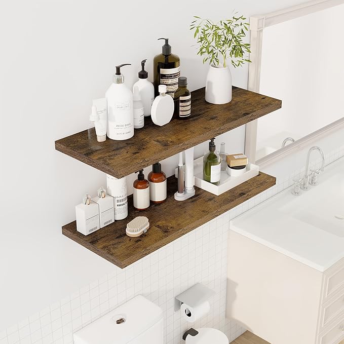 Dreamland 36" Floating Shelves for Wall, 12" Deep Slim Rustic Brown Floating Shelves, Wall-Mounted Shelves for Bedroom, Living Room, Kitchen, Bathroom - Set of 2