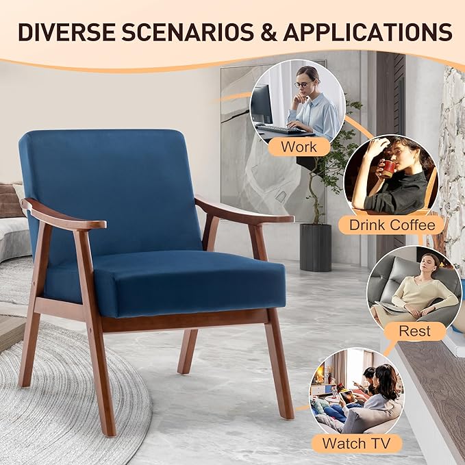 Furnimart Bule Velvet Accent Chair, Mid Century Modern Living Room Chair with Wood Frame, Comfy Armchair Wingback Chair for Office Study Vanity Bedroom Waiting Room