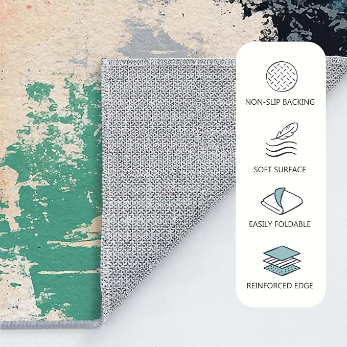 6x9 Colorful Area Rug Modern Abstract Beige Orange Yellow Pink Blue Black White Grey Rug Bedroom Low Pile Thin Large Carpet Living Room Non Slip Dining Room Stain Resistant Office Washable Machine