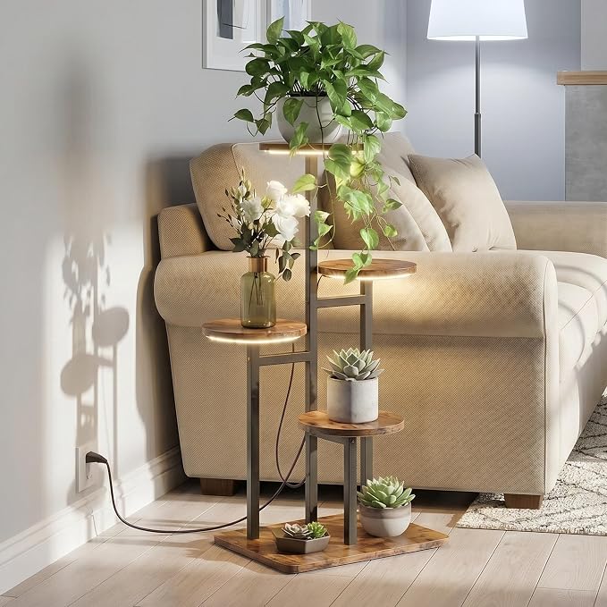 4 Tier Plant Stand Indoor with Grow Light for Multiple Plants | Corner Flower Stand, Vintage Multi-Layer Design, Sturdy Plant Shelf, Space-Saving, Ideal for Living Room Indoor Plant Display