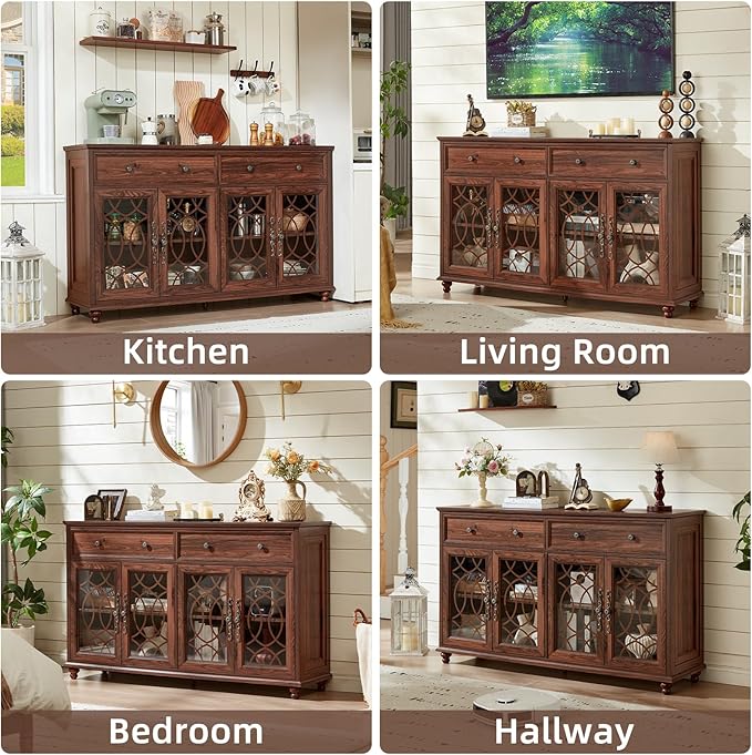 Large Sideboard Buffet Cabinet with Storage,59" Credenza with 4 Glass Doors & 2 Drawers,Adjustable Shelves Coffee Bar,Wood Kitchen Console Table for Dining Room,Living Room,Brown