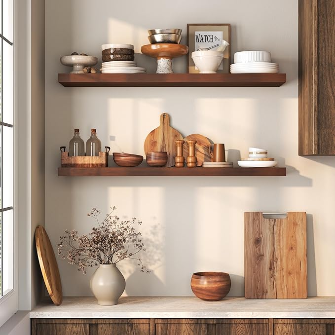 Floating Shelves 36 Inches Long - 8 Inch Deep Rustic Solid Pine Wood for Storage - Farmhouse Wall Mounted for Living Room - Heavy-Duty Metal Bracket - 36" W x 8" D - Set of 2 - American Walnut Color