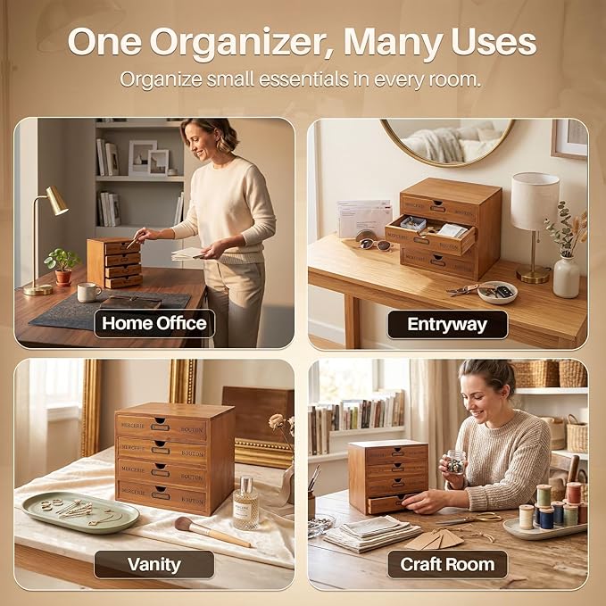 Flexzion Wood Desktop Organizer with Drawers, Desktop Storage Drawers Wood Cabinet, 4-Drawer Wooden Card Catalog Cabinet for Office, Crafts, Jewelry, Stationery, Vintage Brown