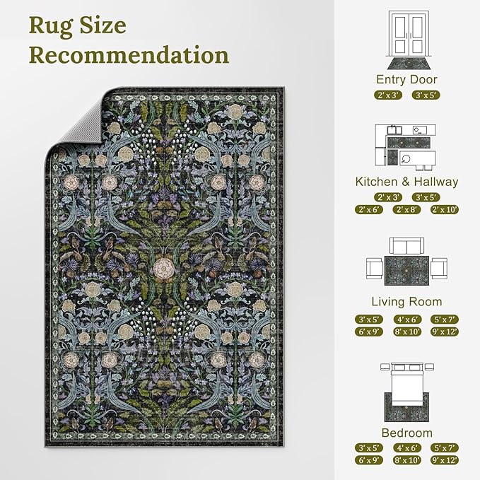 AMTOVO 9x12 Washable Area Rugs for Living Room, Non-Slip&Non-Shedding Floral Large Soft Boho Vintage Print Carpet for Bedroom Girls Room Dorm Dining Room Farmhouse Nursery Home Office, Black